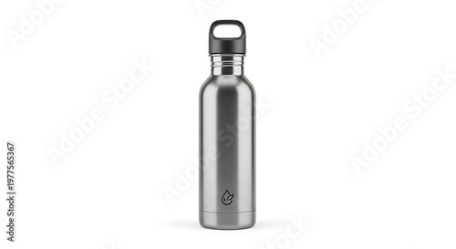 Metallic silver insulated reusable water bottle with black cap on white background.