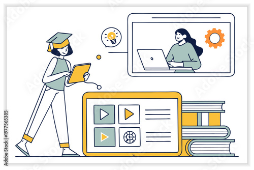 E-Learning Online Education Banner Set with Students, Laptop, Webinar, Digital Courses and Distance Learning Vector Illustration