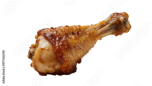 Photography Isolated crispy golden brown roasted chicken drumstick with succulent meat, read