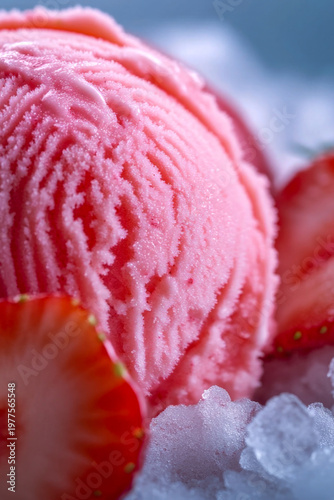 A scoop of ice cream with fresh strawberries, perfect for dessert or snack. vertical frame