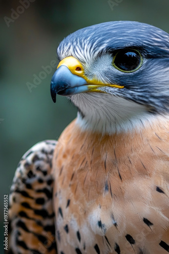Close-up shot of a bird of prey's head and beak. vertical frame