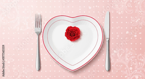 Romantic heart shaped white plate with red rim and a single red rose in the center set on a soft pink polka dot background for valentines day