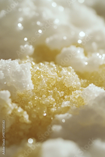 Close-up shot of sugar crystals arranged on a plate. vertical frame