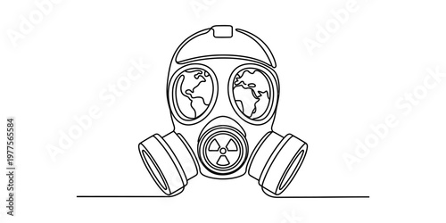 Minimalist continuous line art of a gas mask featuring global map lenses and nuclear symbol.