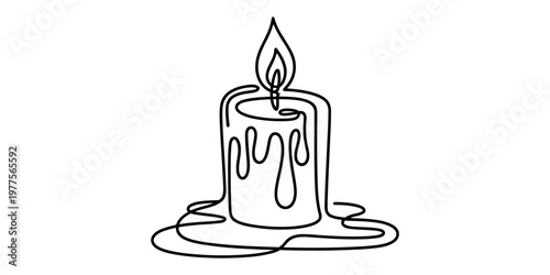 A simple single line drawing of a burning candle with melting wax on a white background.