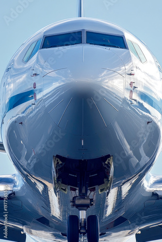 Close-up view of an airplane's nose section, ideal for use in travel or aviation-related projects. vertical frame