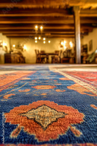 A cozy living room with a rug on the floor. vertical frame