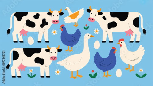 cartoon farm animals and poultry on blue background
