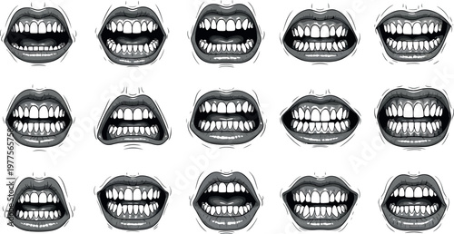 Set of open mouths with teeth isolated on transparent background