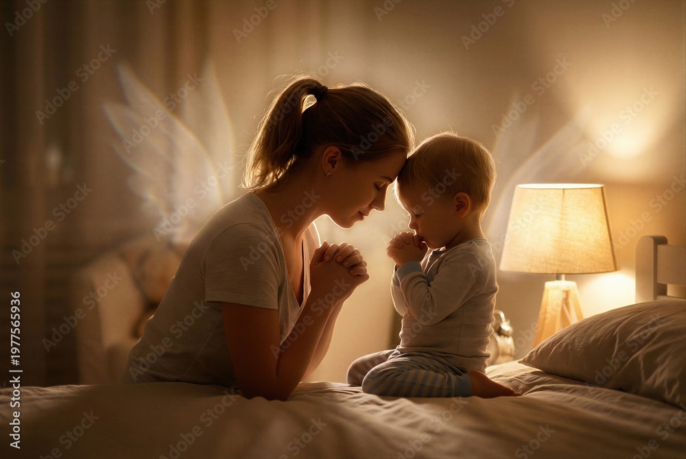 Fototapeta premium Woman and child praying at bedtime beside the bed. Faith and spirituality concept for Christian family worship.