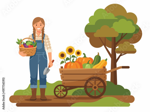 A happy gardener stands outdoors with a basket full of freshly picked vegetables, embodying the essence of healthy living and the rewards of gardening and sustainability.