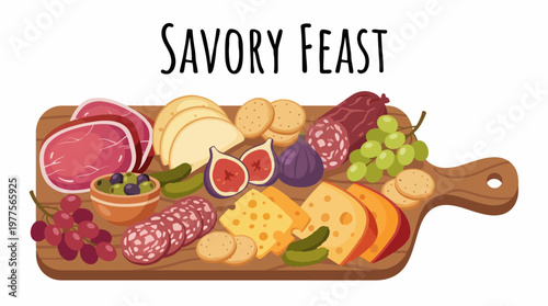 A beautifully arranged savory feast featuring a variety of meats, cheeses, fruits, and crackers on a wooden board, perfect for gatherings and celebrations.