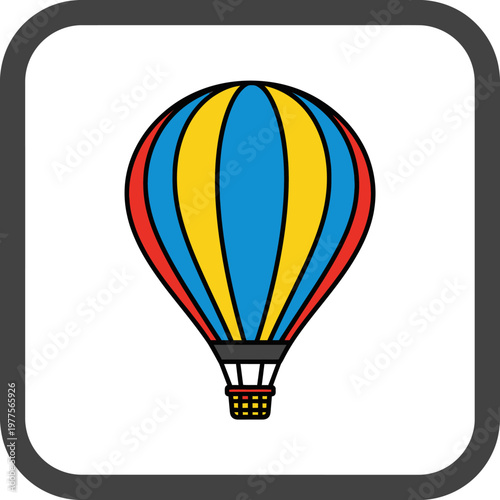 Hot air balloon illustration with blue, yellow, and red panels, ready for adventure