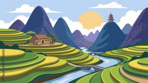 A picturesque landscape shows lush terraced fields and a traditional house nestled among mountains and valleys, showcasing idyllic rural beauty and nature's tranquility.