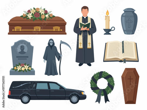 Illustration of somber funeral elements such as a coffin, graves, and a priest, capturing the theme of loss and remembrance in a respectful portrayal.