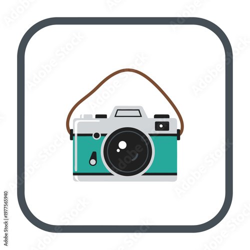 Vintage turquoise and grey film camera with a brown leather strap, retro design, graphic icon