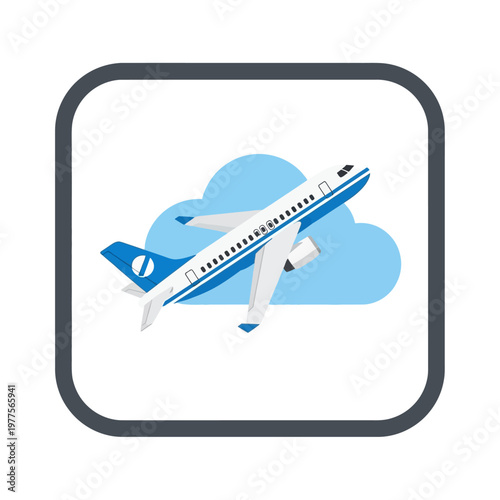 Airplane flying through clouds, illustration of a passenger jet soaring in the sky, symbolizing travel and aviation