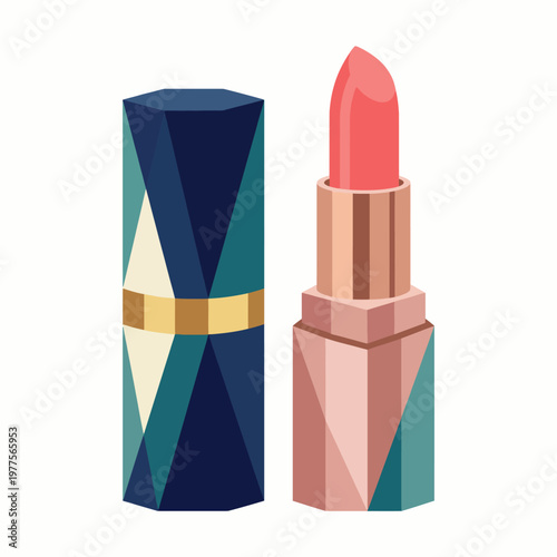 A chic lipstick within a beautifully designed packaging featuring geometrical elements, perfect for makeup enthusiasts looking for stylish beauty products.