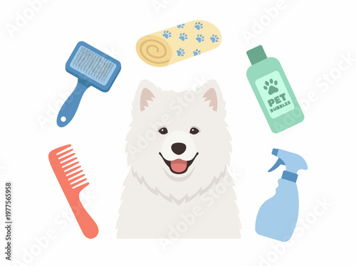 A fluffy Samoyed dog surrounded by grooming tools, including a brush and shampoo, illustrating pet care essentials for maintaining a happy and healthy furry friend.