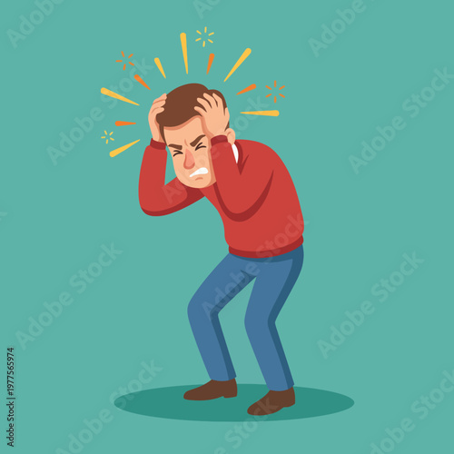 A distressed man clasps his head in anguish, capturing the essence of stress and emotional turmoil amidst a colorful, simplistic background illustrating modern emotional challenges.