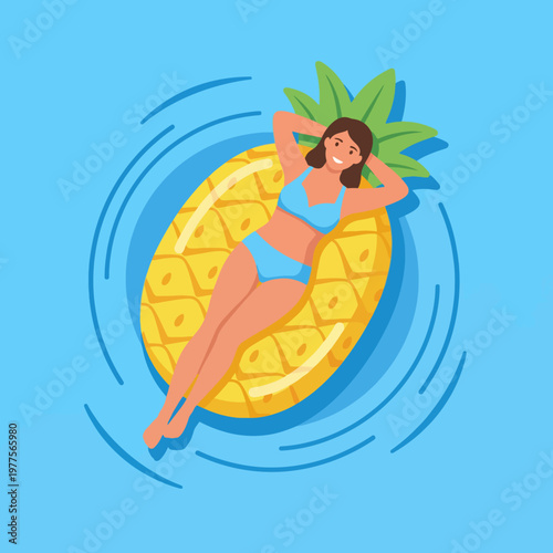 A cheerful woman in a bikini enjoys sunbathing on a pineapple-shaped float in a refreshing blue pool, perfect for summertime relaxation and fun in the sun.