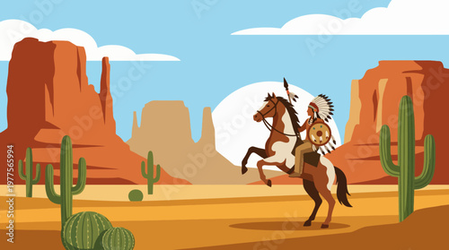 A traditional Native American warrior proudly rides a horse in a picturesque desert setting, representing cultural heritage and the deep connection between nature and spirit.