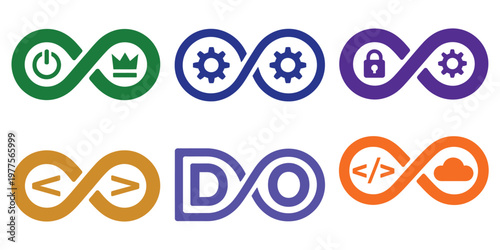 Infinity loop icon set, minimal vector symbols representing infinite cycles, endless flow, and recurring processes, modern design suitable for technology, business, and creative projects.