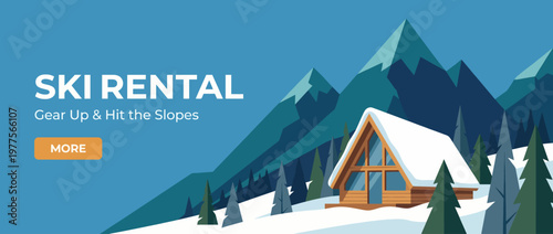 A serene representation of a ski rental shop amidst majestic snowy mountains, inviting enthusiasts to gear up for an exciting adventure on the slopes.