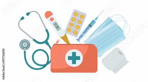 Canvastavla An attractive arrangement of medical supplies including a stethoscope, thermometer, and masks alongside other essentials, highlighting their significance in healthcare environments