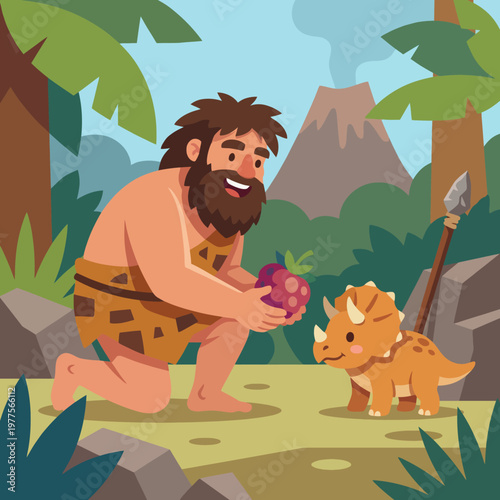 An engaging illustration featuring a friendly caveman and a small dinosaur in a prehistoric setting, capturing the innocence and adventure of early human life.