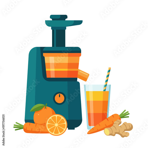 A vibrant illustration of a juice extractor surrounded by fresh fruits and vegetables, illustrating health, freshness, and vitality in a colorful and engaging layout.