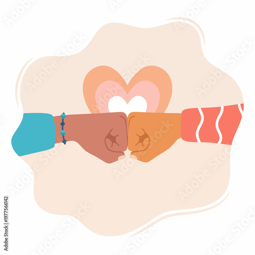 This illustration exhibits two fists bumping in a gesture of unity and friendship, symbolizing love and connection in a vibrant and heartwarming design.