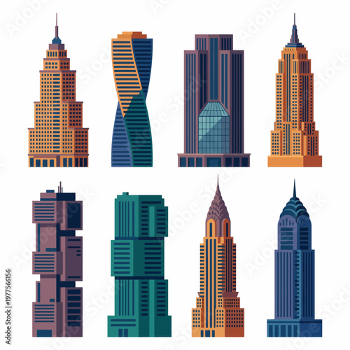 This vibrant image features a collection of stylized skyscrapers, showcasing architectural diversity and urban allure in a colorful and captivating design.