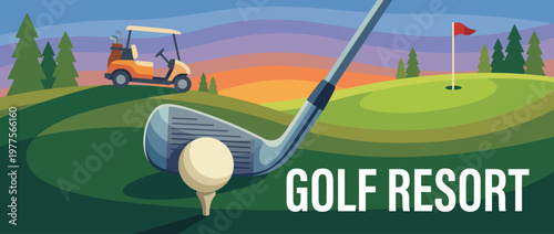 This picturesque image highlights a serene golf resort complete with lush landscapes and a sunset, perfect for showcasing leisure, sports, and tranquility.