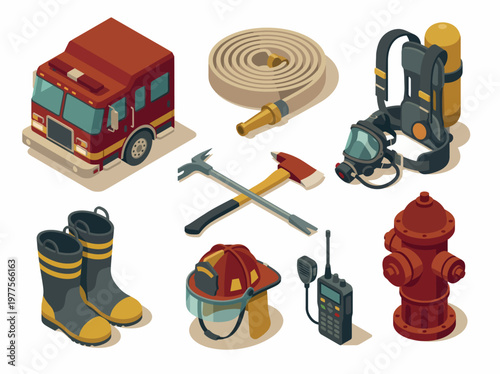 This image showcases essential firefighting equipment alongside a fire truck, highlighting the tools and readiness required for effective fire emergency response.