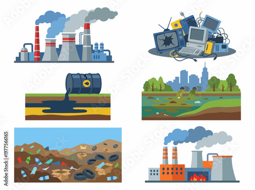 This image highlights industrial pollution, showcasing factories emitting smoke and waste, highlighting environmental degradation and its effects on society and nature.