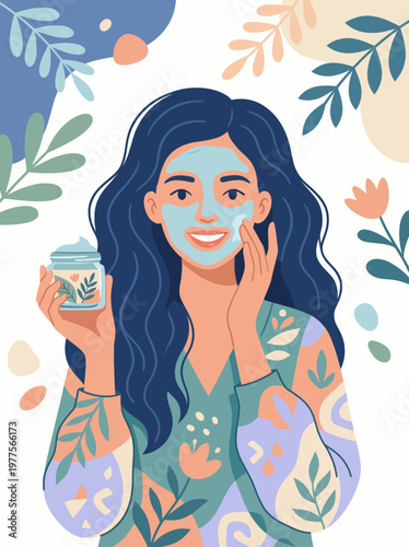 This image depicts a woman enjoying self-care by applying a facial mask, surrounded by plants, illustrating the importance of skincare and personal wellness.