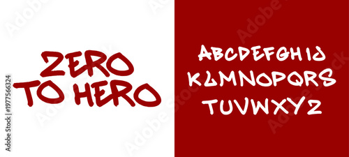 Zero To Hero Graffiti Font Display with Hand Style Alphabet Set in Black and Red for Professional Urban Branding and Street Art Graphic Vector