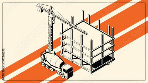 Cement mixer truck pouring concrete into building construction site with crane
