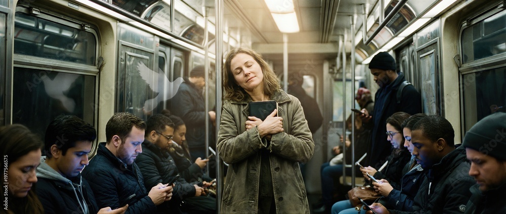 Fototapeta premium Woman with closed eyes and Bible on subway surrounded by people looking at phones. Modern religion concept, spiritual connection, faith journey. Banner with copy space