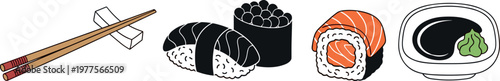Sushi illustration set with nigiri maki soy sauce and chopsticks isolated on white background, Japanese food vector collection
