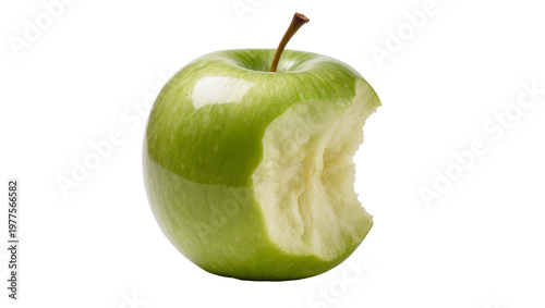 Fotografie Isolated fresh green apple with a crisp bite taken out, healthy organic snack