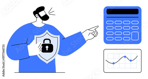 Cybersecurity, financial security, online privacy, data analysis, fraud prevention, risk management. Man holding shield with lock symbol, calculator and chart with data points. Cybersecurity