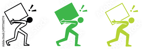 Person carrying a heavy burden or box icon, vector illustration representing lifting, load handling, or physical work, clean flat and outline design suitable for logistics, delivery, and occupational 