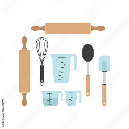 Assorted baking and measuring tools for culinary preparation