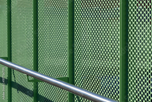 Modern Green Perforated Metal Screen Fence with Stainless Steel Handrail Architectural Detail