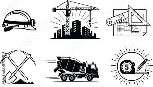 Construction illustration, safety helmet, crane, blueprint, shovel, pickaxe, concrete mixer, tape measure, engineering tools, building equipment, industrial labor