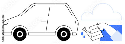 Sustainability, eco-conscious living, renewable energy, green initiatives, environmental conservation, resource management. Minimalist design of a car with a hand watering in cloud shape