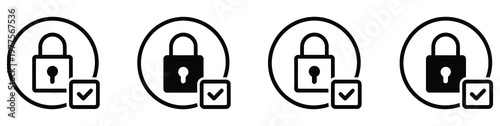 Padlock with check mark icon set, vector illustrations representing secure access protection and successful authentication, clean flat and outline design suitable for apps, websites and cybersecurity