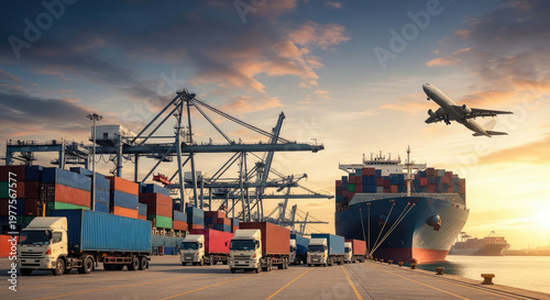 cargo ships trucks containers port logistics.